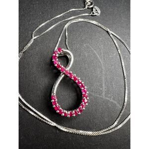Vintage Ruby Infinity Pendant Necklace Sterling Silver 18” Chain
